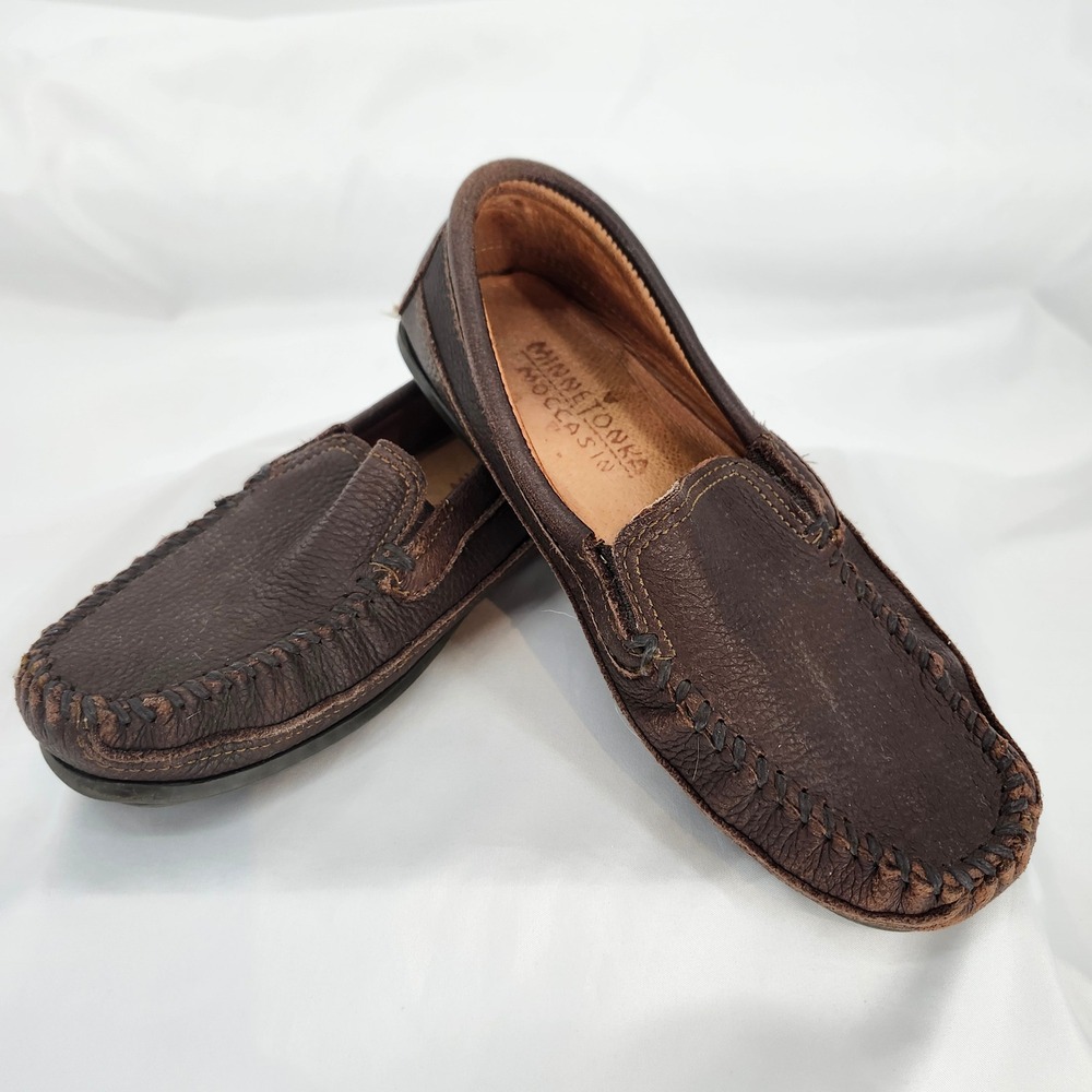 Minnetonka Moccasins Brown Leather Slip On‎ Driving Shoes Mens 8 Twin Gore 932